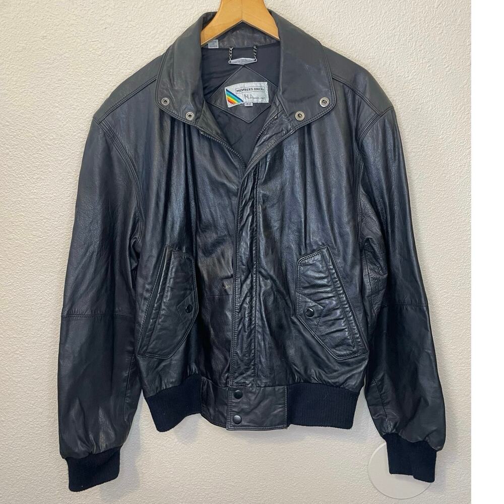 Members Only Genuine Leather Retro Black Bomber Zip Up Jacket Size 40 Mens Med